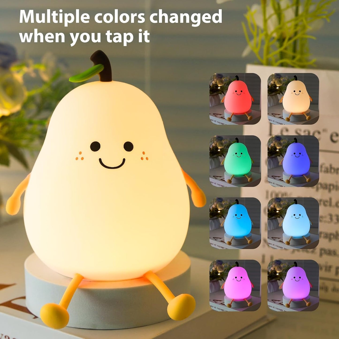 Pear Night Light Kids Bedroom Lamp USB Rechargeable Soft Silicone Light