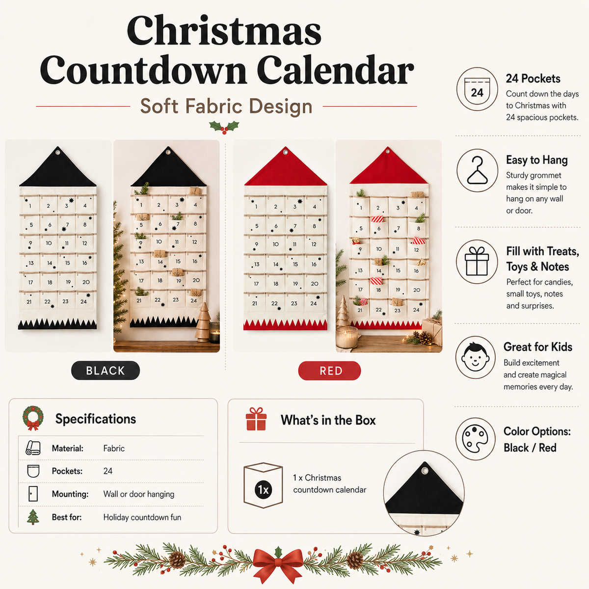 Personalized Fabric Christmas Advent Calendar with 24 Pockets for Kids