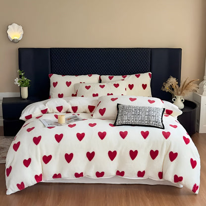Plush Heart Pattern Bedding Set Soft Warm Winter Comfort