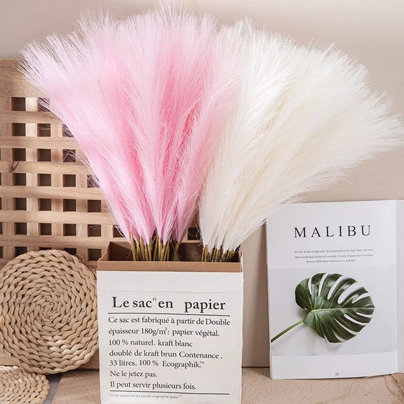 Plush Pampas Artificial Flowers Beige - Decorative Indoor Home Decor Silk Grass
