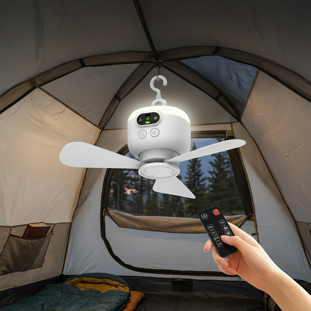Portable Camping Fan with Remote Control LED Light Hanging Hook