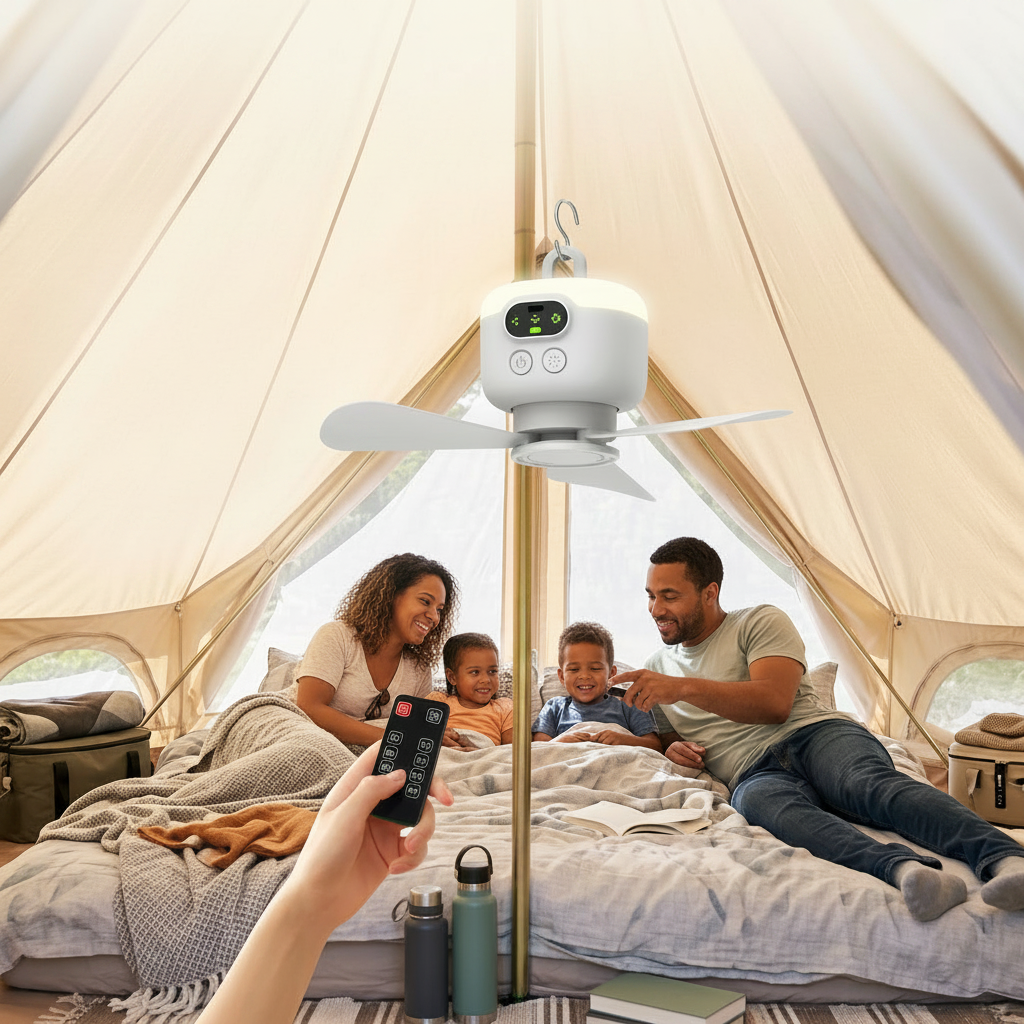 Portable Camping Fan with Remote Control LED Light Hanging Hook