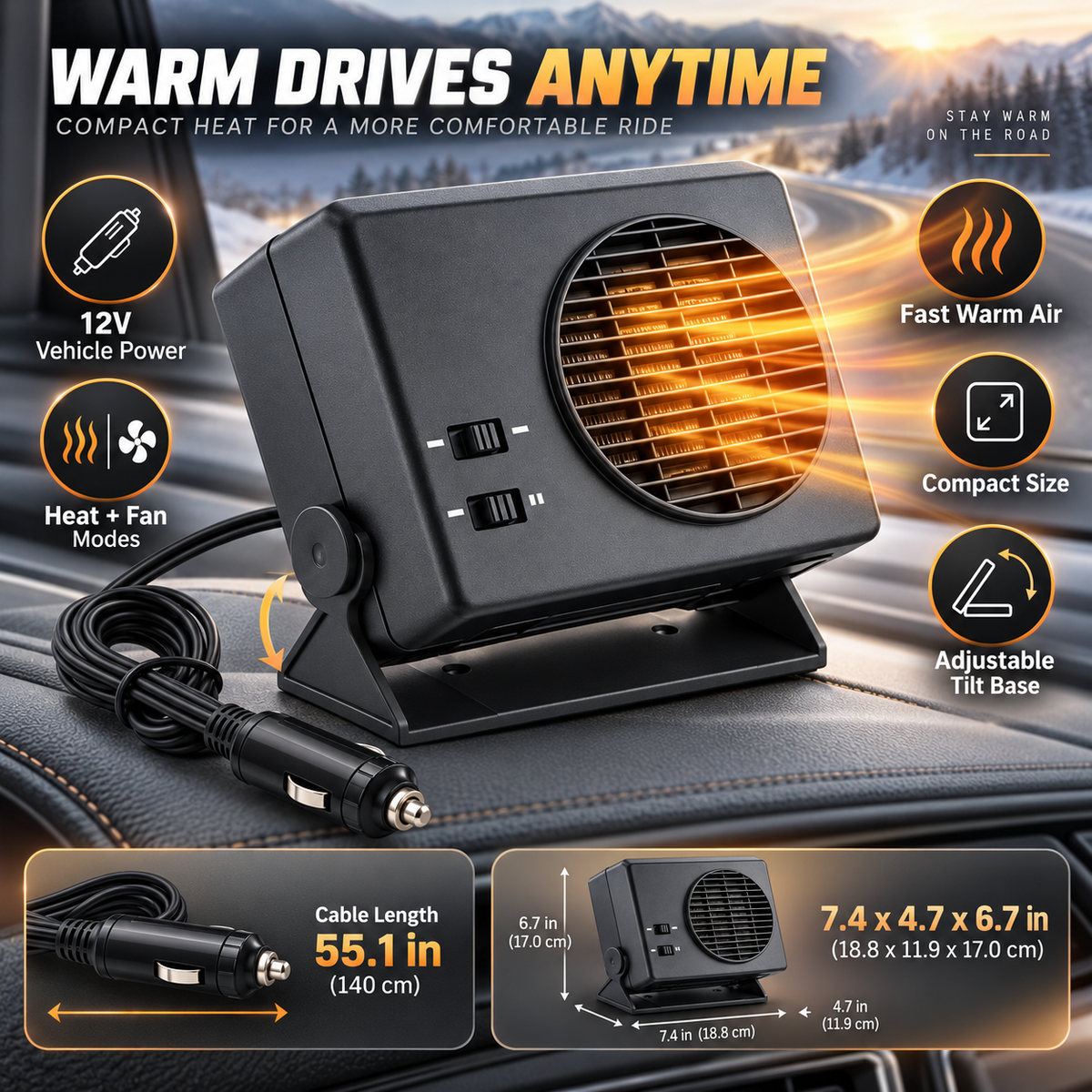 Portable Ceramic Car Heater with Heat & Fan Settings for 12V Vehicles