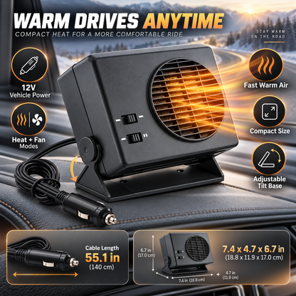 Portable Ceramic Car Heater with Heat & Fan Settings for 12V Vehicles