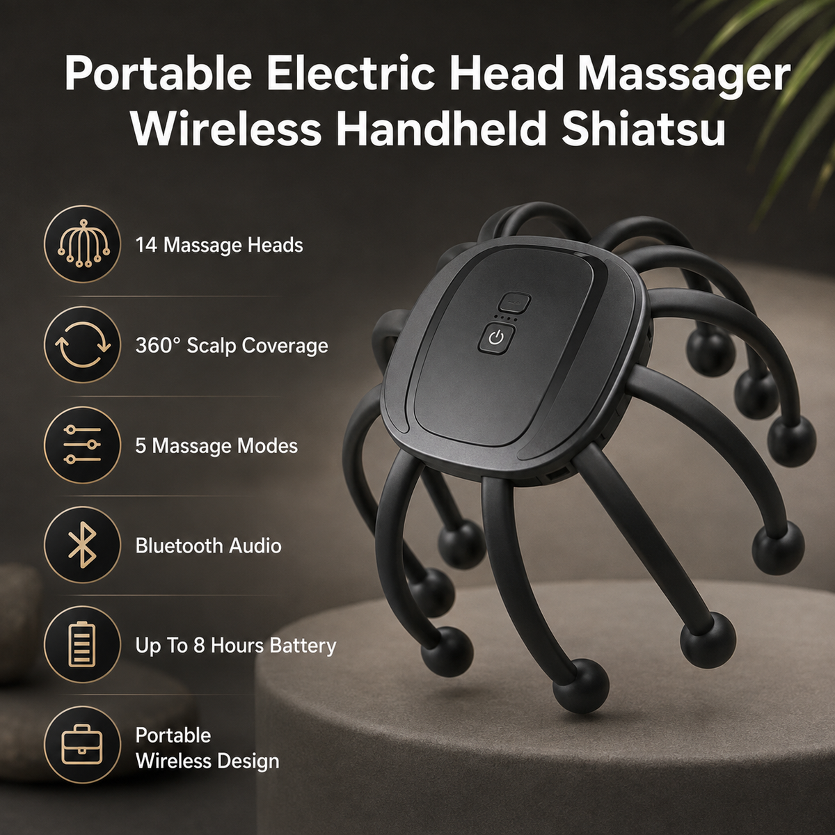 Draagbare elektrische hoofdmassager met 14 massagekoppen, 5 modi en Bluetooth-audio