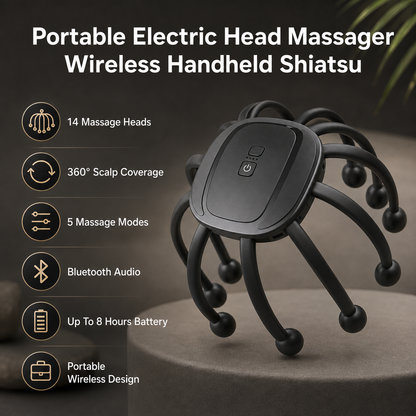 Draagbare elektrische hoofdmassager met 14 massagekoppen, 5 modi en Bluetooth-audio