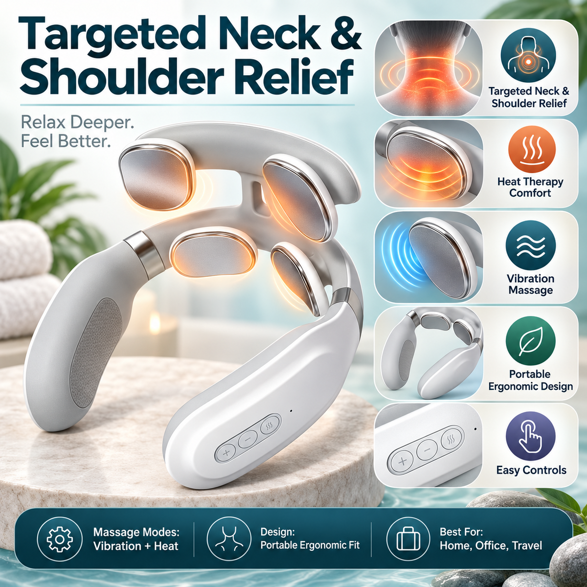 Portable Electric Neck and Shoulder Massager with Vibrating and Heat Modes
