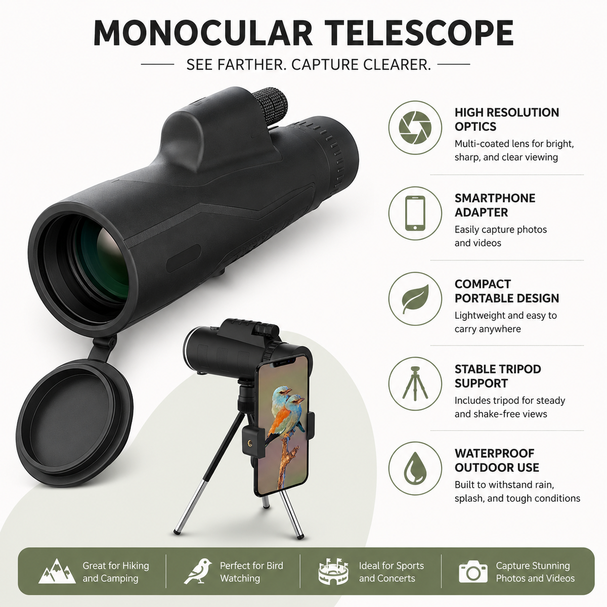 Portable High Resolution Telescope with Tripod for Stargazing