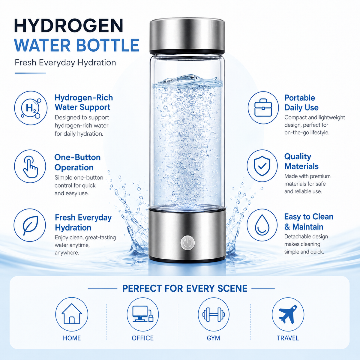 Portable Hydrogen Water Bottle with One Button Operation
