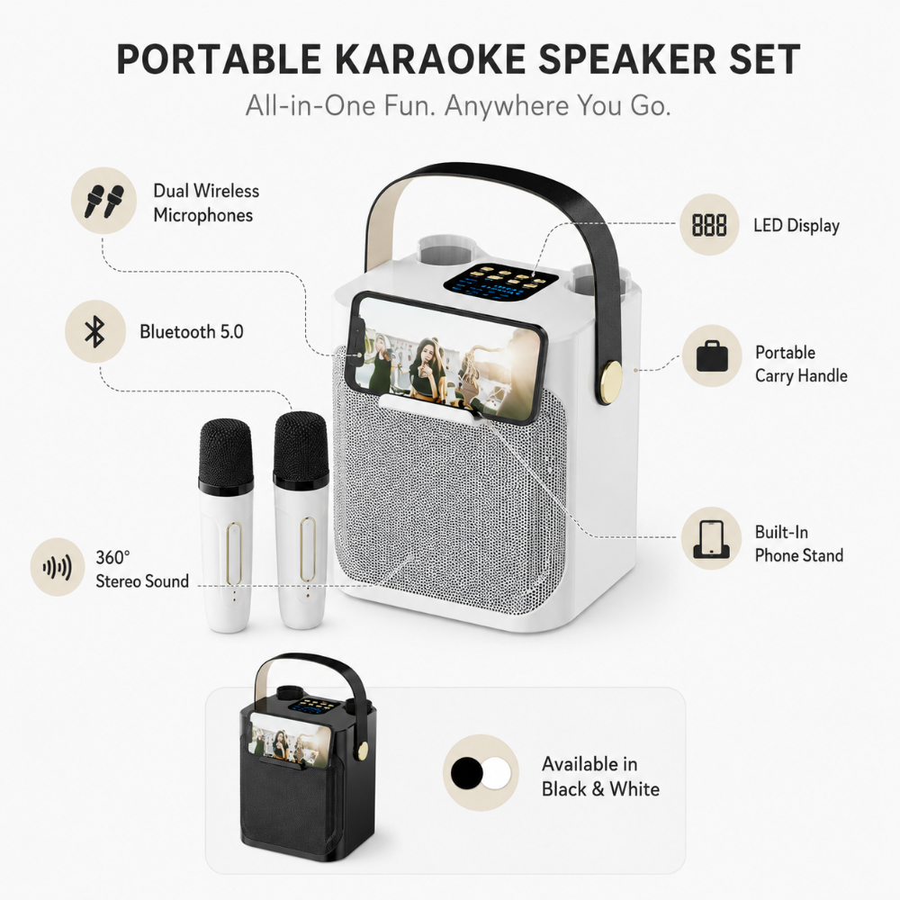 Portable Karaoke Speaker with Bluetooth, Two Wireless Microphones and LED Display