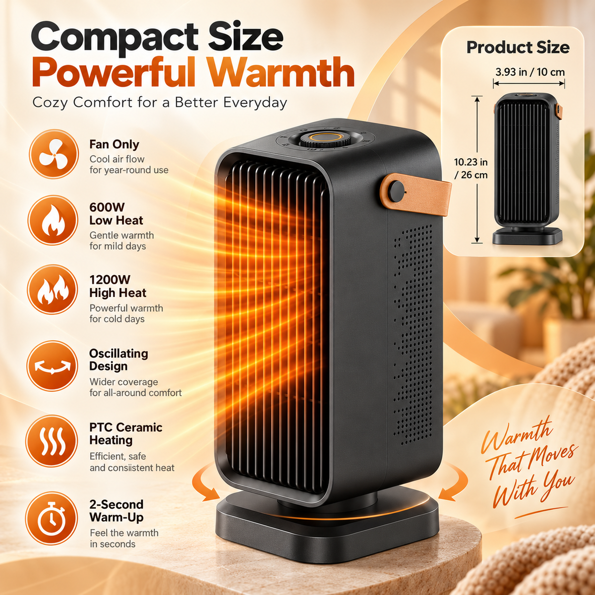 Portable Oscillating Electric Heater with PTC Ceramic Heating