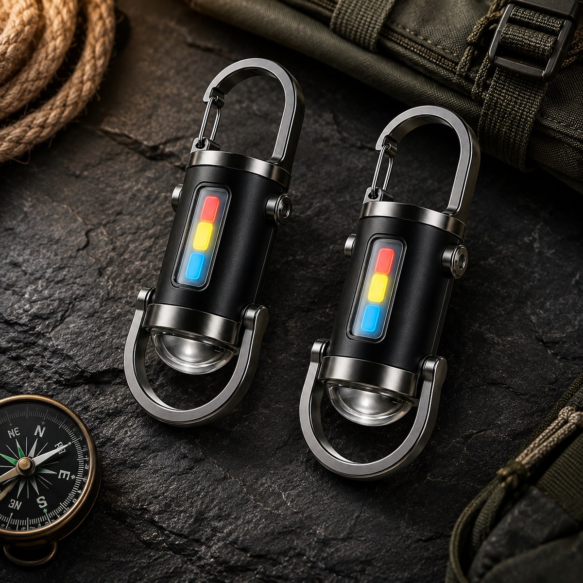 Portable Rechargeable LED Carabiner Flashlight 2-Pack with USB-C Charging and Red-Blue Strobe