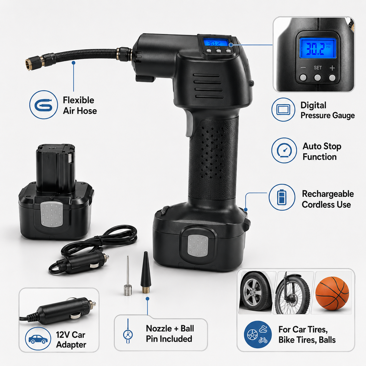Portable Rechargeable Tyre Inflator with Digital Pressure Gauge