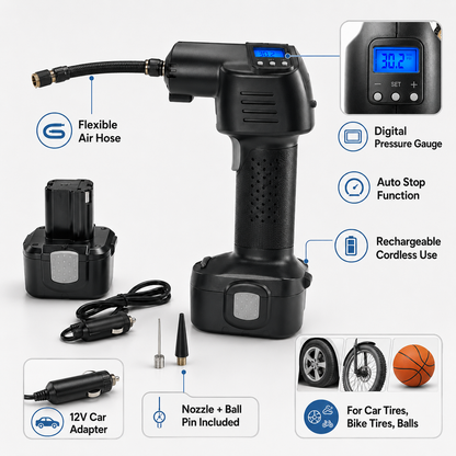 Portable Rechargeable Tyre Inflator with Digital Pressure Gauge