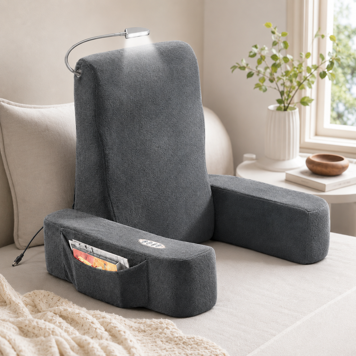 Draagbare vibrerende rugsteunmassage met warmte, zakken en LED-leeslamp