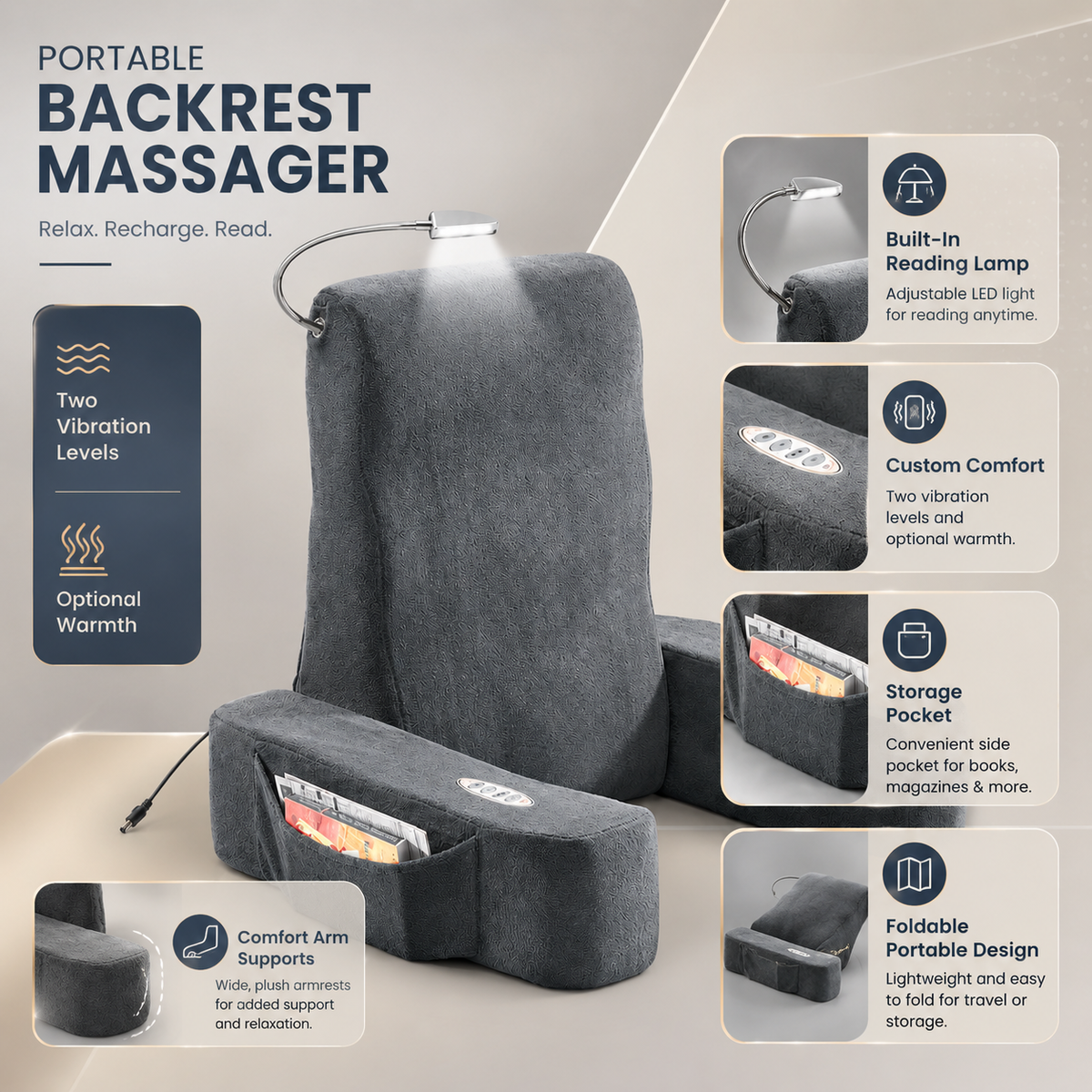 Draagbare vibrerende rugsteunmassage met warmte, zakken en LED-leeslamp