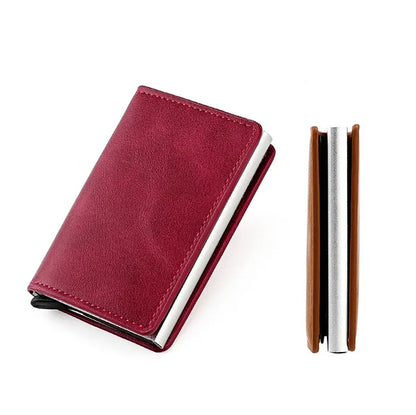 RFID Blocking Pop Up Card Wallet Leather Aluminum Holder