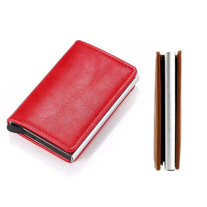 RFID Blocking Pop Up Card Wallet Leather Aluminum Holder