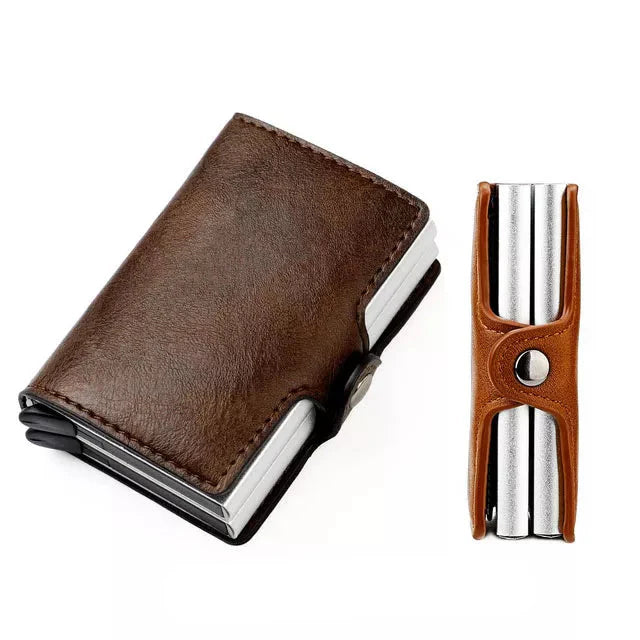 RFID Blocking Pop Up Card Wallet Leather Aluminum Holder