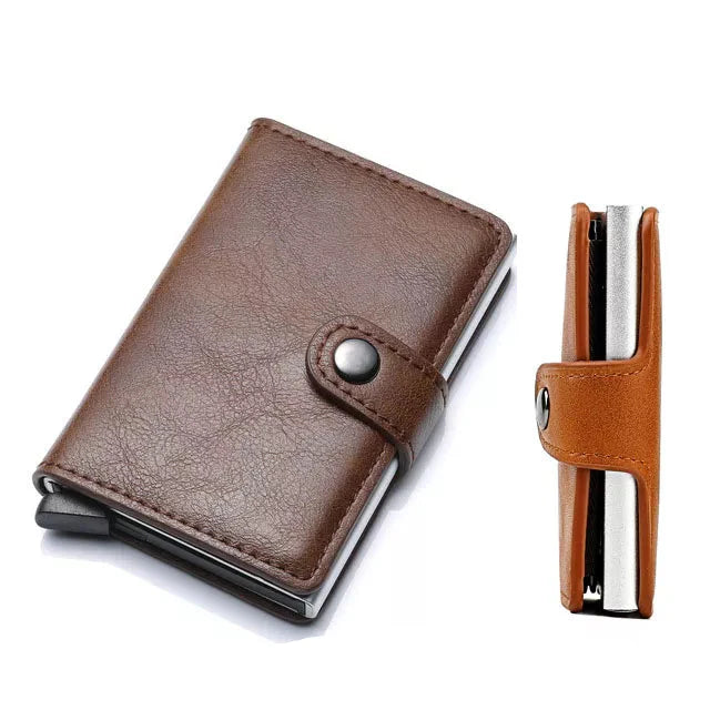RFID Blocking Pop Up Card Wallet Leather Aluminum Holder