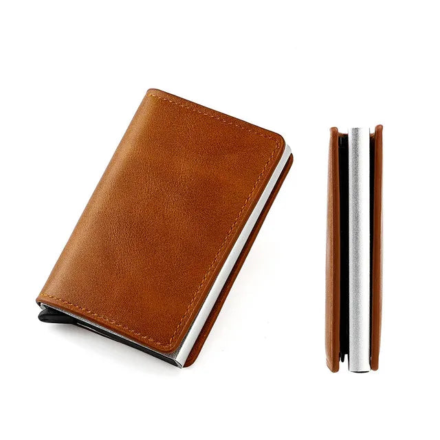 RFID Blocking Pop Up Card Wallet Leather Aluminum Holder
