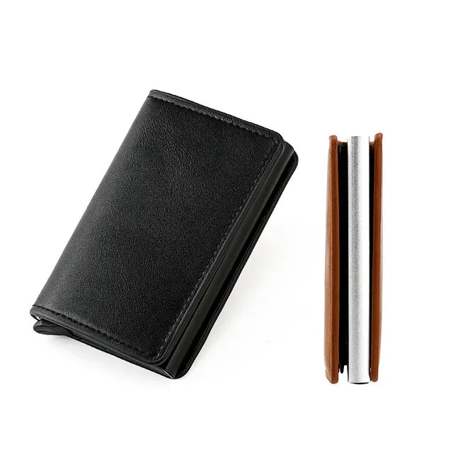 RFID Blocking Pop Up Card Wallet Leather Aluminum Holder