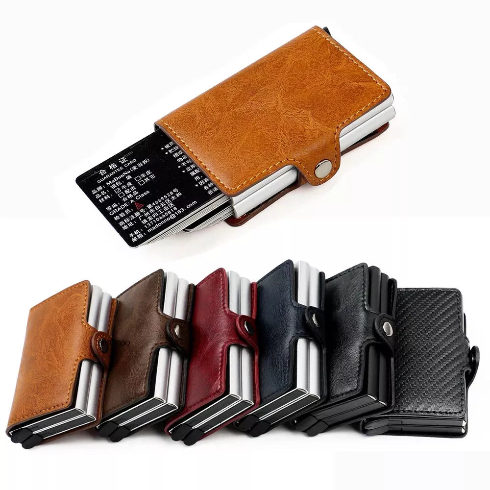 RFID Blocking Pop Up Card Wallet Leather Aluminum Holder