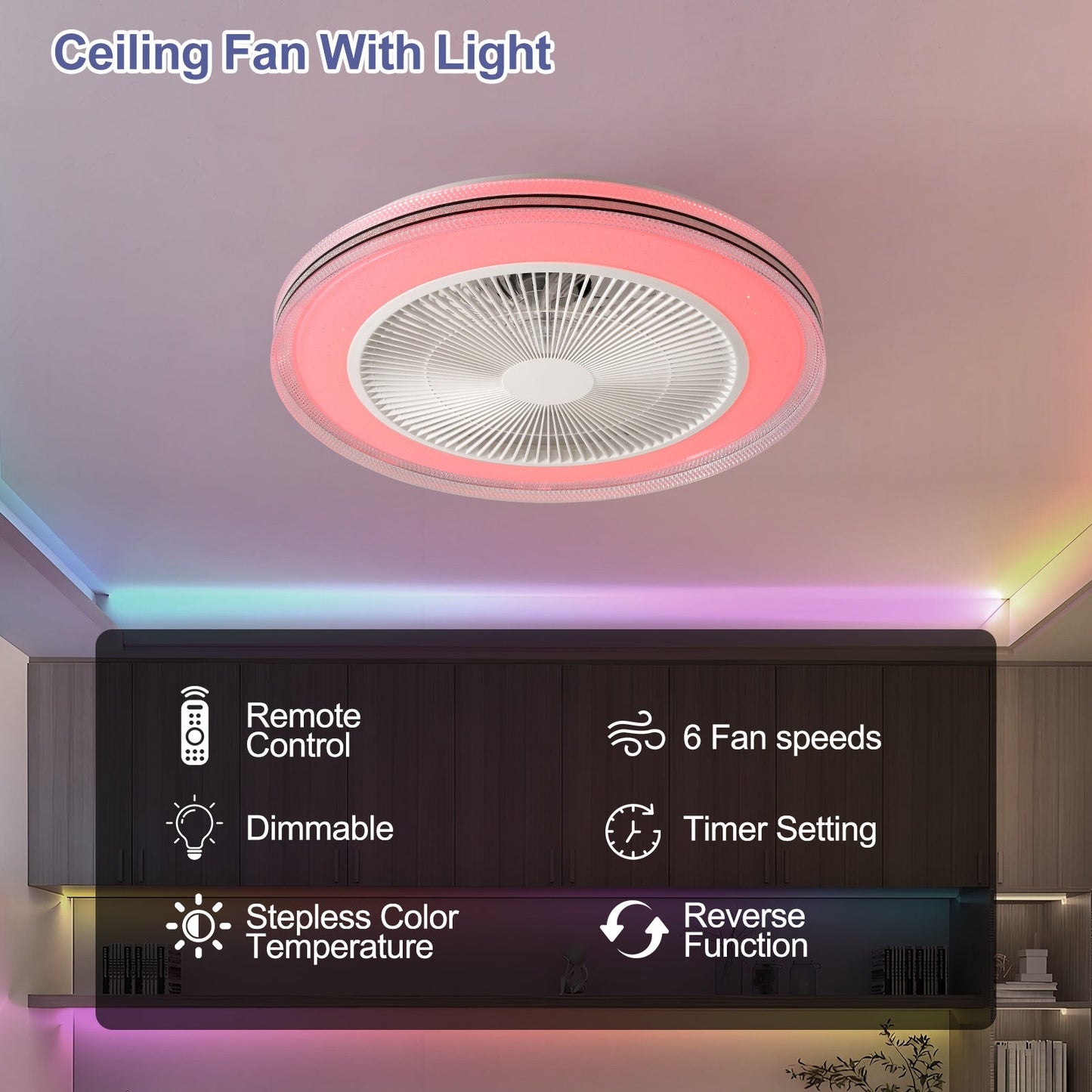 RGB Ceiling Fan LED Light Remote Control Low Profile Ceiling Fan