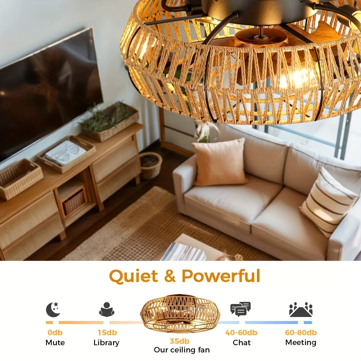 Rattan Ceiling Fan Light Natural Woven Fixture Ventilation Lighting