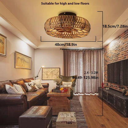 Rattan Ceiling Fan Light Natural Woven Fixture Ventilation Lighting