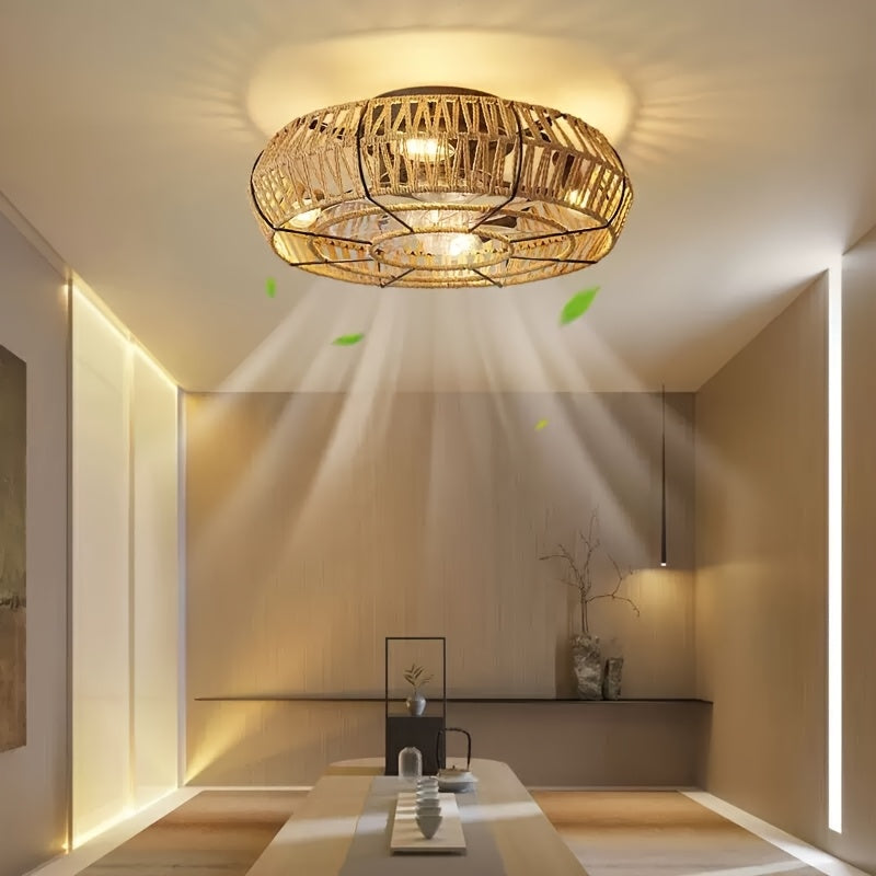 Rattan Ceiling Fan Light Natural Woven Fixture Ventilation Lighting