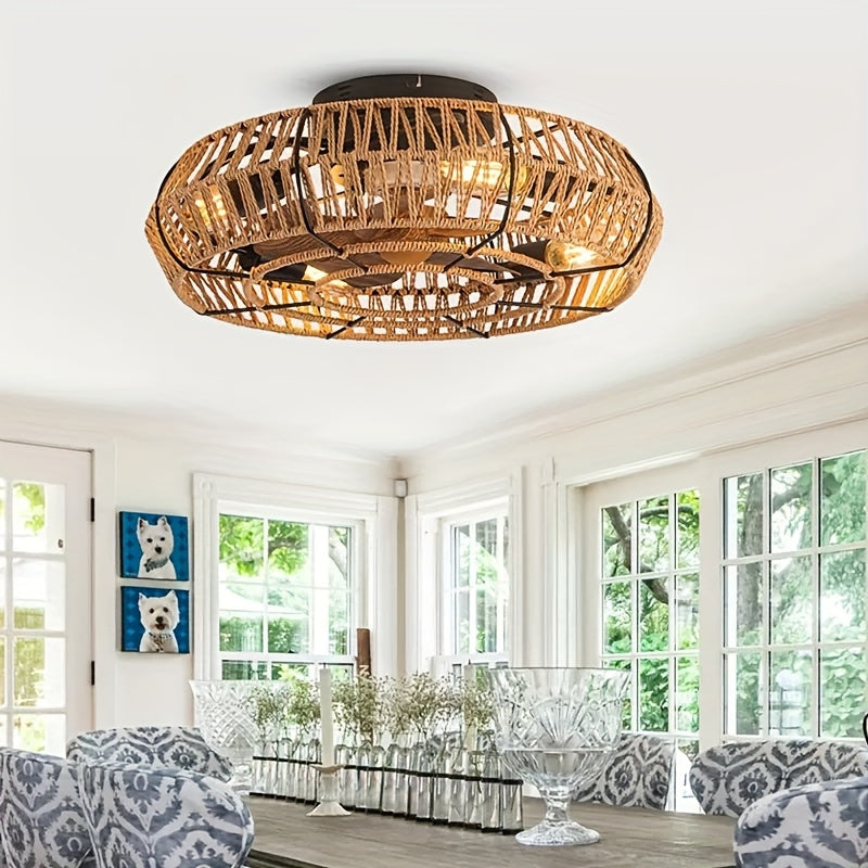 Rattan Ceiling Fan Light Natural Woven Fixture Ventilation Lighting