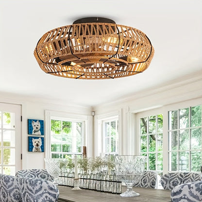 Rattan Ceiling Fan Light Natural Woven Fixture Ventilation Lighting