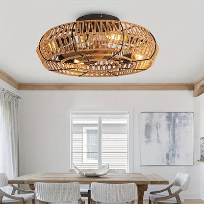 Rattan Ceiling Fan Light Natural Woven Fixture Ventilation Lighting
