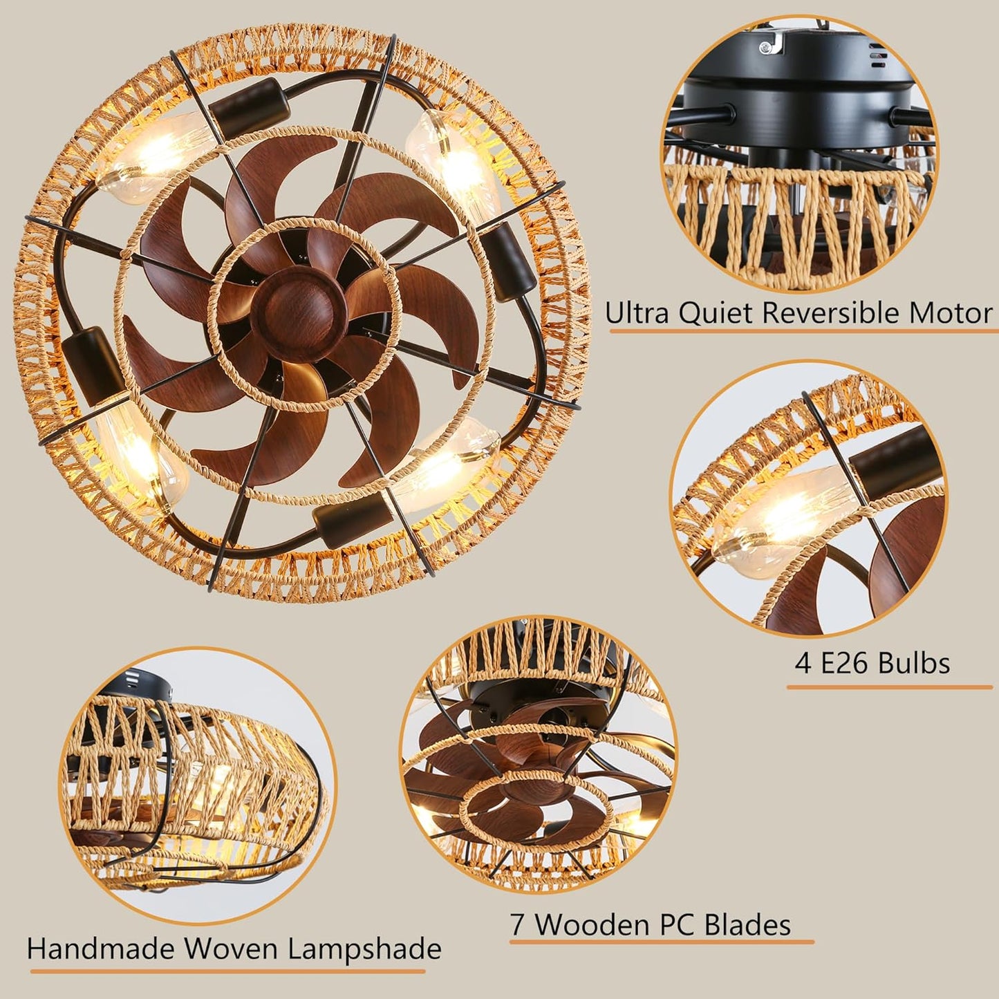 Rattan Ceiling Fan Light Natural Woven Fixture Ventilation Lighting