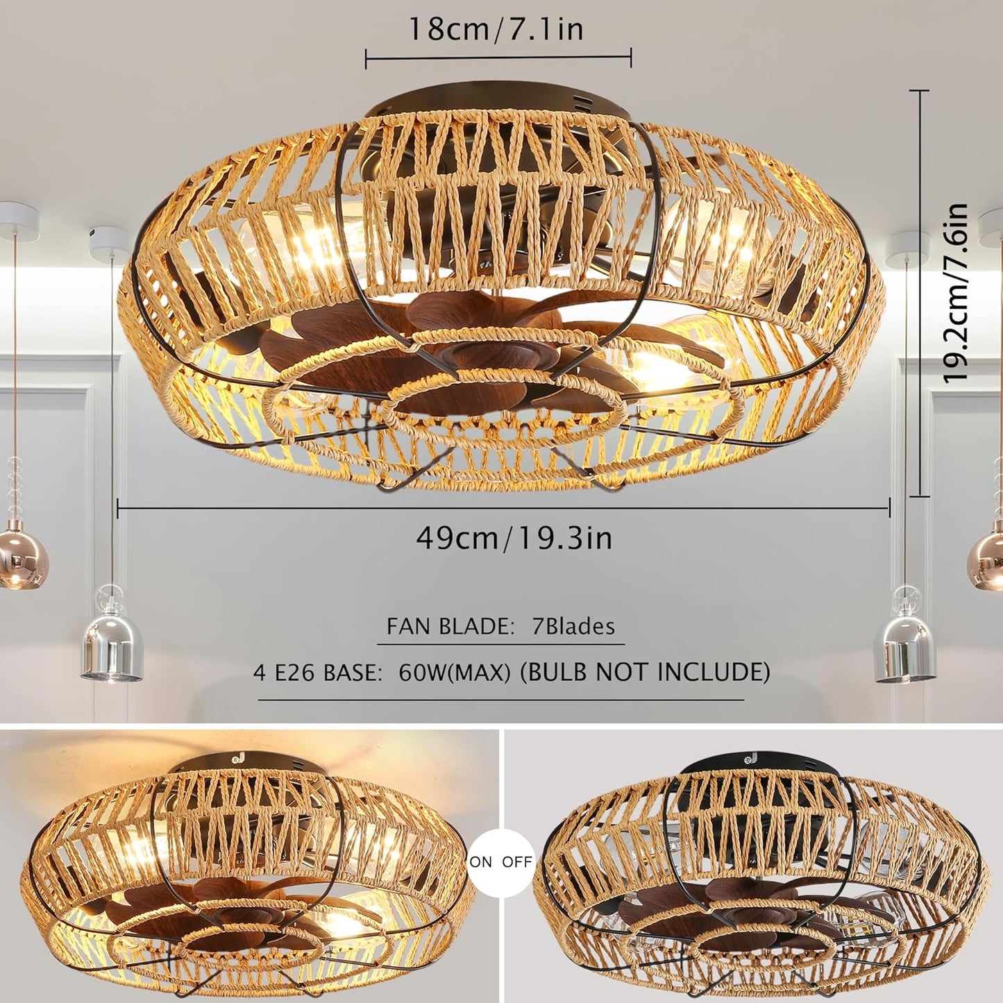 Rattan Ceiling Fan Light Natural Woven Fixture Ventilation Lighting