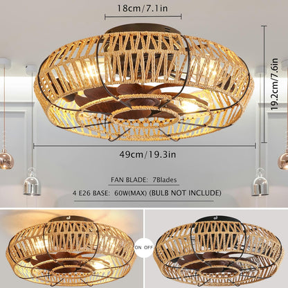 Rattan Ceiling Fan Light Natural Woven Fixture Ventilation Lighting