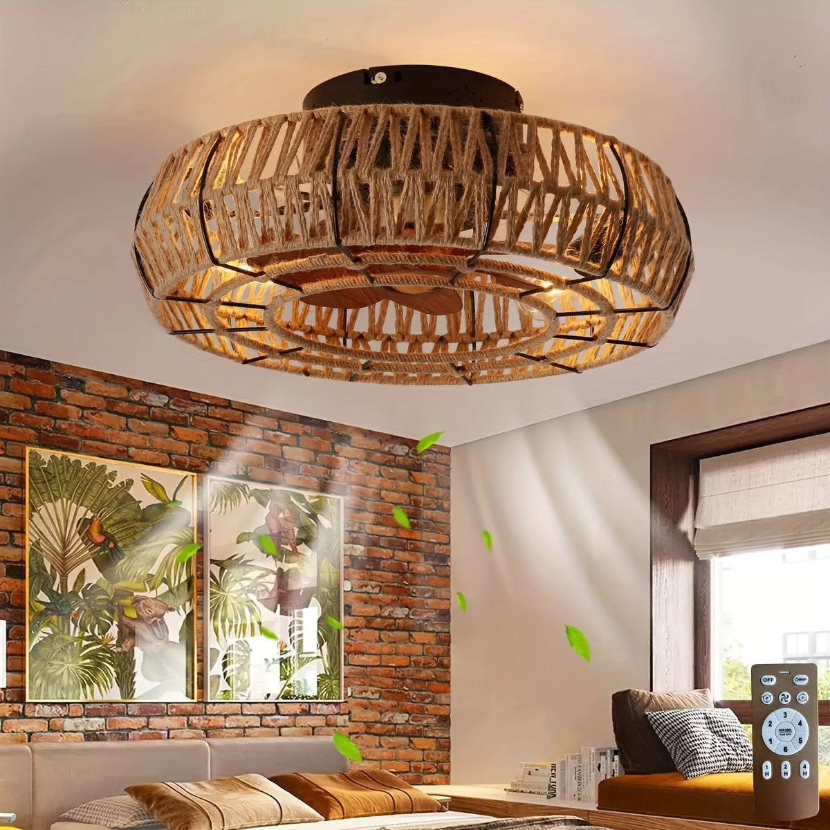 Rattan Ceiling Fan Light Natural Woven Fixture Ventilation Lighting