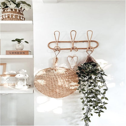 Rattan Wall Coat Rack 5 Hook Hanging Organizer Storage