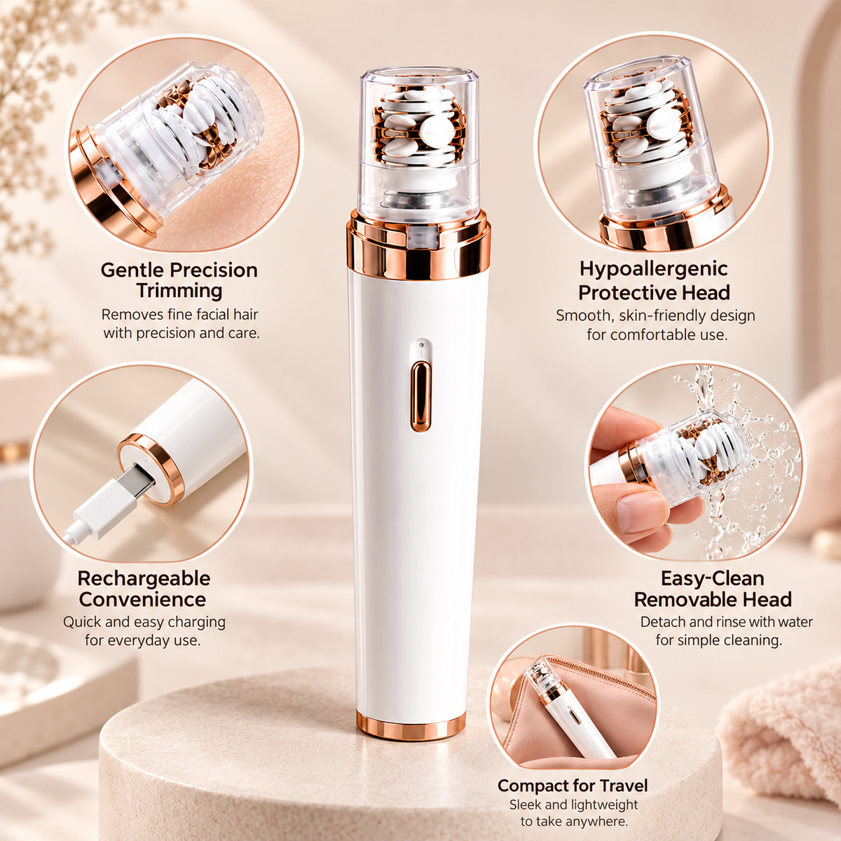 Rechargeable Facial Hair Remover with Gentle Protective Head and Quiet Operation