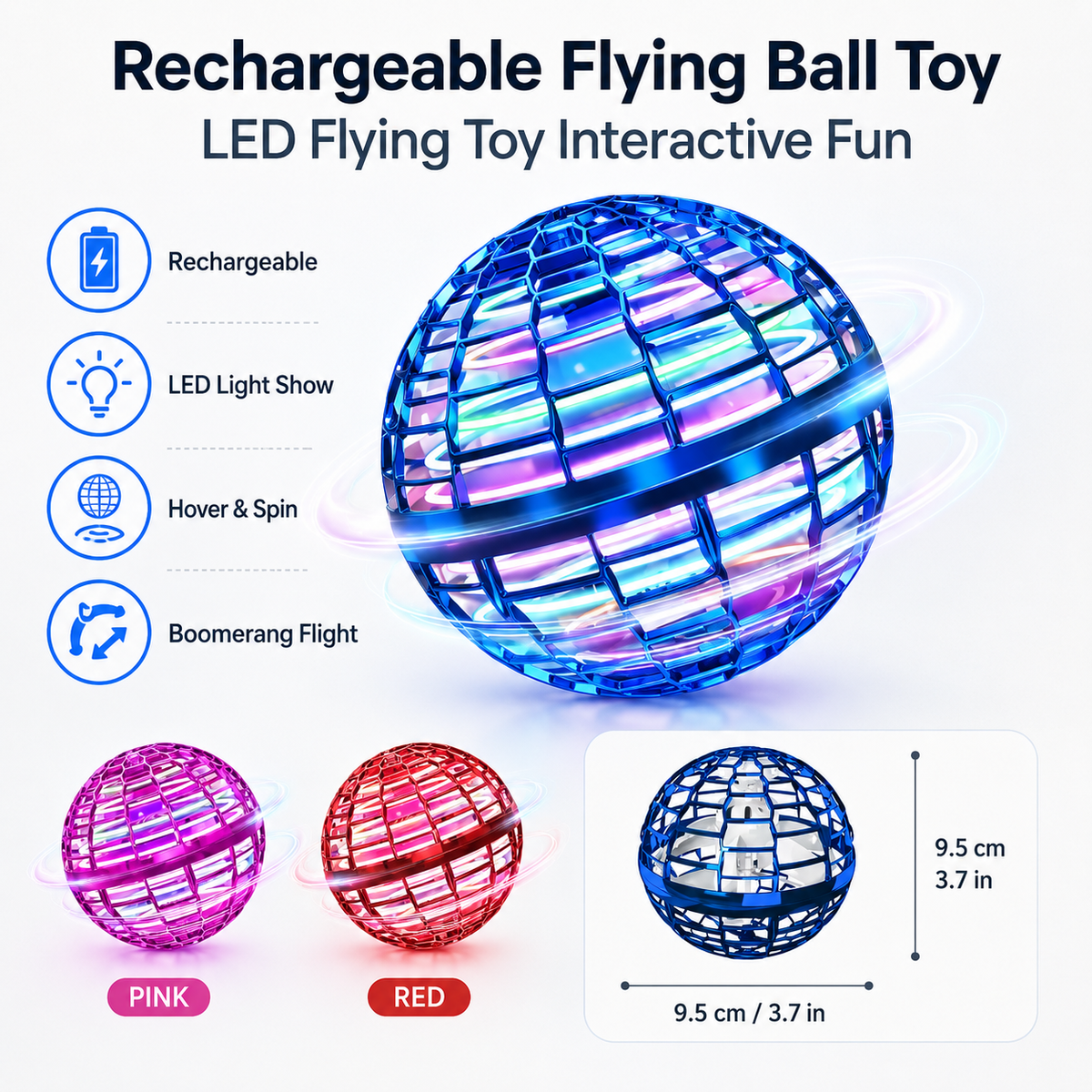 Rechargeable Flying Ball Toy with LED Lights and Interactive Hovering Action
