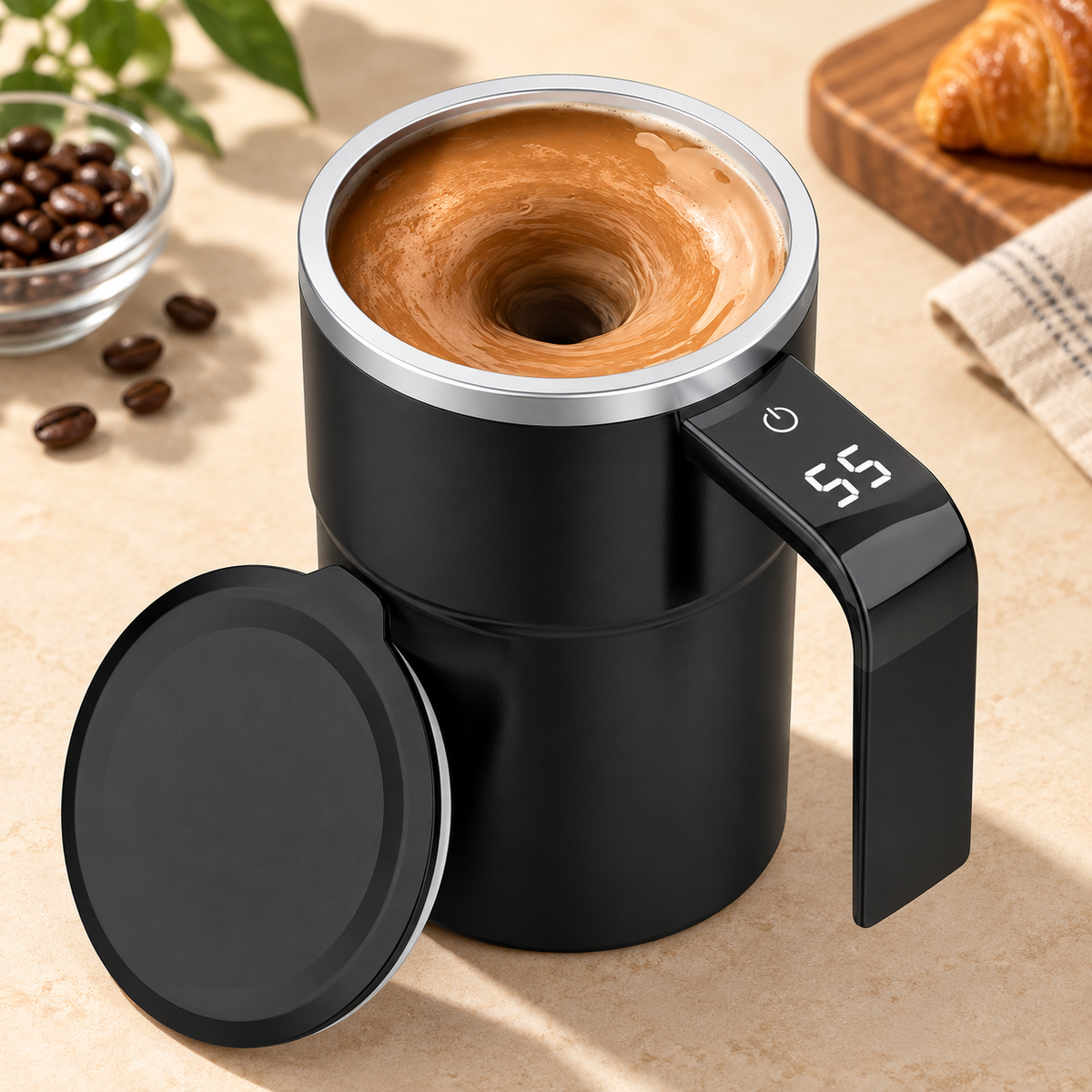 Rechargeable Self-Stirring Mug with LCD Temperature Display and Automatic Mixing