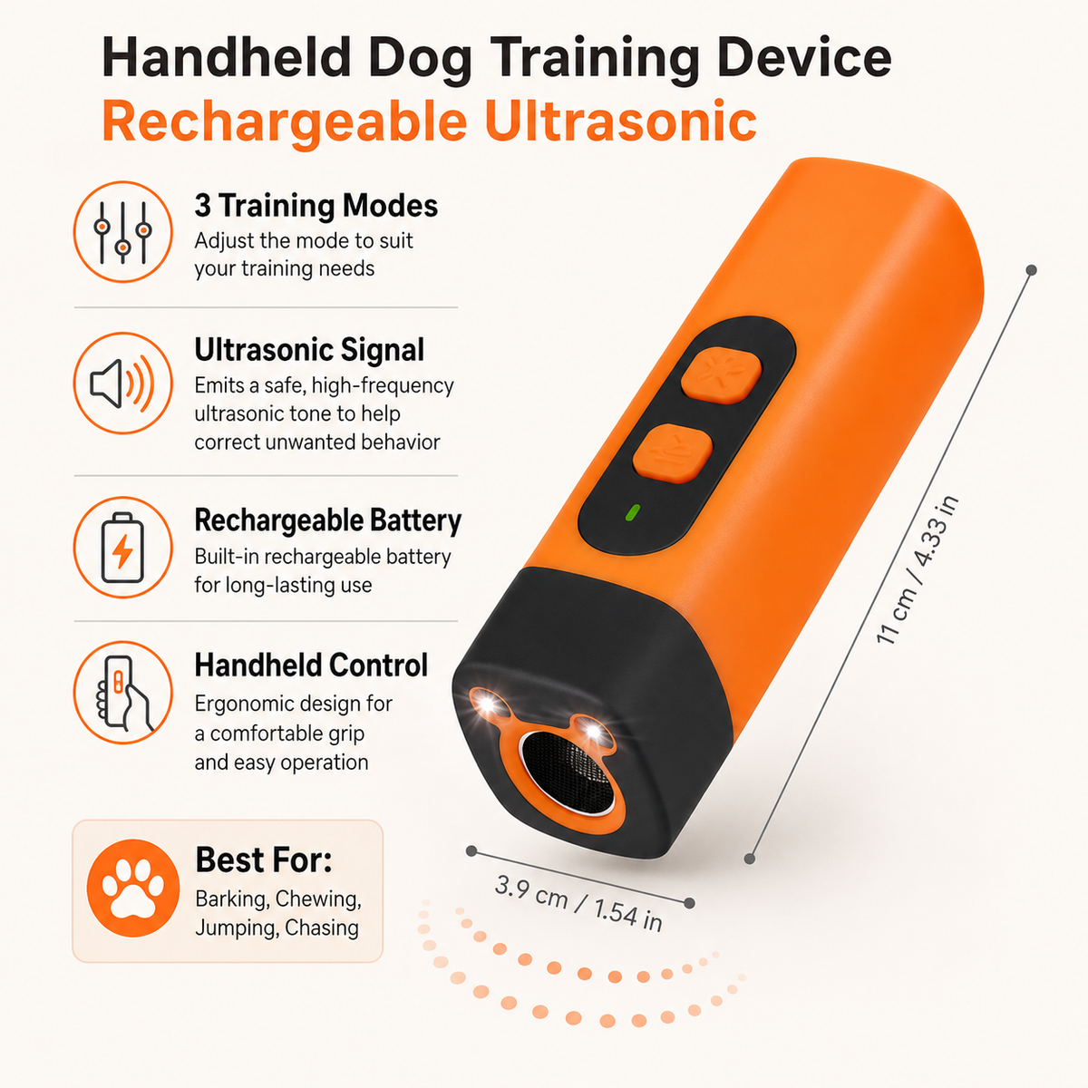 Rechargeable Ultrasonic Handheld Dog Training Device