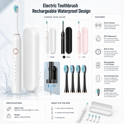 Rechargeable Waterproof Sonic Electric Toothbrush