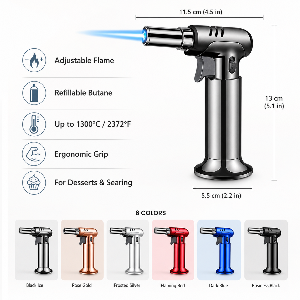 Refillable Butane Kitchen Torch with Adjustable Flame for Caramelising, Browning and Cooking