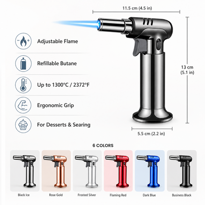 Refillable Butane Kitchen Torch with Adjustable Flame for Caramelising, Browning and Cooking