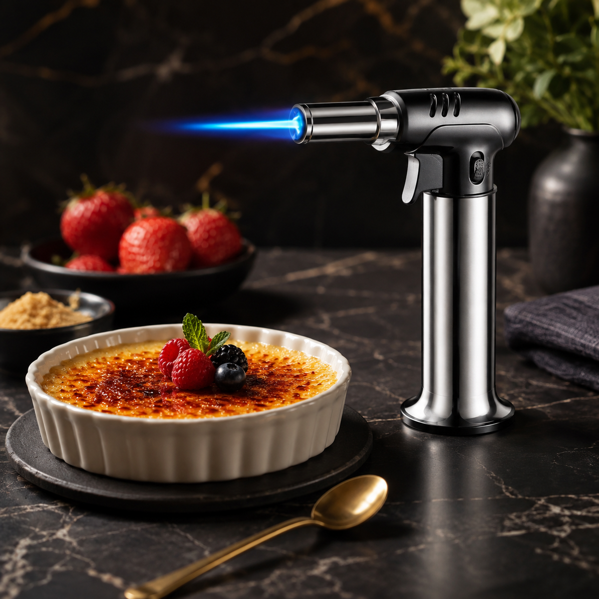 Refillable Butane Kitchen Torch with Adjustable Flame for Caramelising, Browning and Cooking
