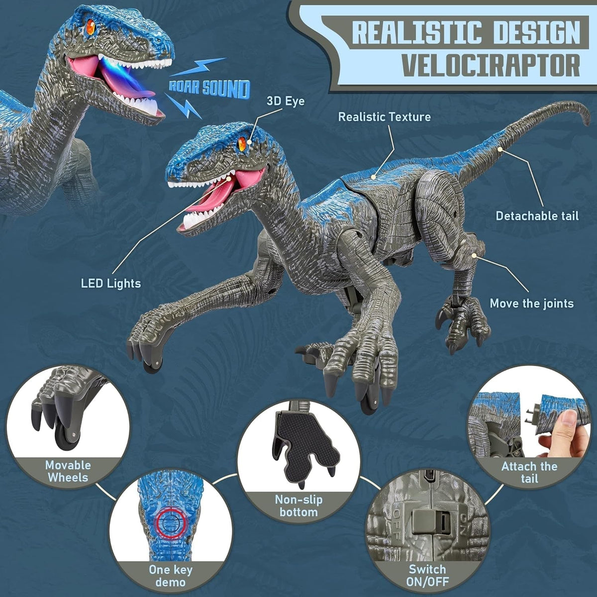 Fjernstyret dinosaurlegetøj med gående bevægelse og realistiske lyde