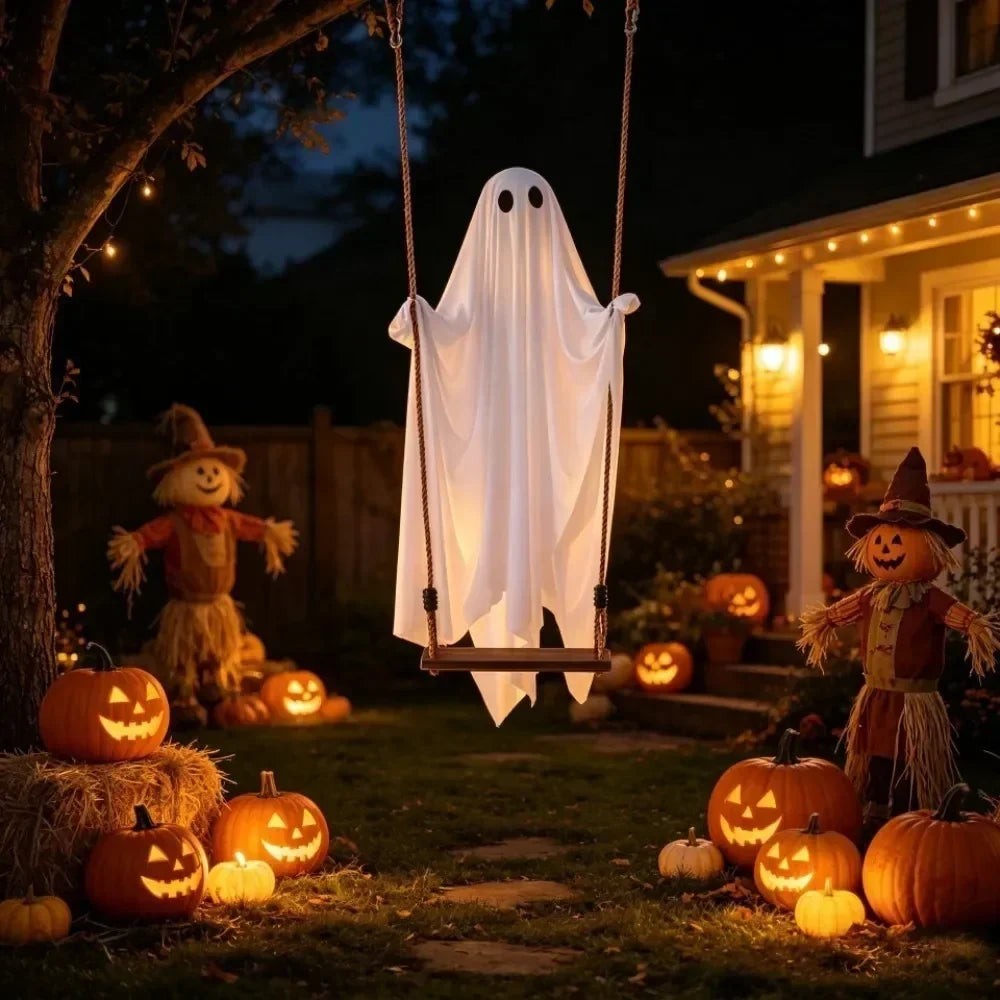 Remote Controlled LED Ghost Halloween Hanging Swing Decoration