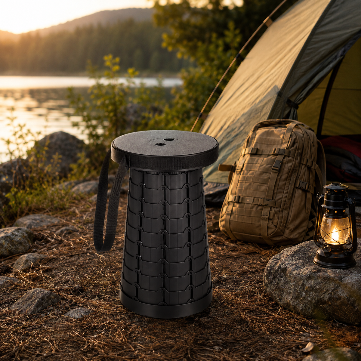 Retractable Camping Stool with Adjustable Height and Carrying Strap